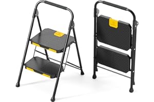 KINGRACK Escalera Plegable de 2 Peldaños con Bloqueo de Seguridad, Escalera de Tijera Doméstica Carga hasta 360kg con Pedal Ancho Antideslizante, Pasamanos, Taburete de Acero, para Hogar Cocina, Negro
