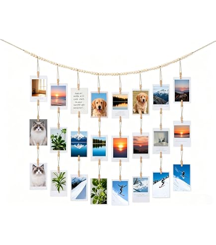 Présentoir Photo à Suspendre au Mur, Guirlande de Perles en Bois, Porte