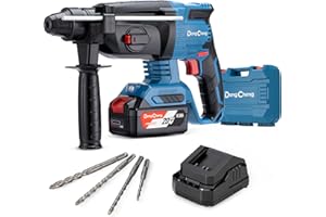 DONG CHENG DongCheng Akku Bohrhammer 18V, Schlagenergie 2.8 J, mit 4 Stück SDS-plus, Bohren bis 28 mm, Bürstenloser Bohrhammer Motor, Anti-Vibrationsgriff, inkl. 4Ah Akku und 2A Ladegerät im Handwerkerkoffer
