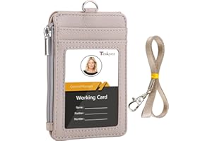 Teskyer Porta Badge da Collo, Porta Carte con Tasca con Cerniera, 1 Finestra Identificativa, può Contenere Fino a 4 Carte, Pelle PU, con Cordino in Nylon, Lichee Beige