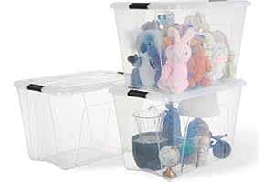 Iris Ohyama, Kunststoff-Aufbewahrungsbox mit Deckel, 55L, 3er Pack, Transparent, 98% recycelter Kunststoff, Verschlussclips, Griff, Stapelbar, pürs Schlafzimmer, Büro, BPA-frei, BSB-55