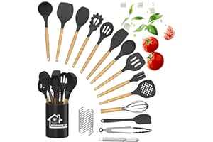 DLD Küchenhelfer Set, 25 Stück Silikon küchenutensilien Set,hitzebeständige Holzgriffe,Antihaft Kochgeschirr Set mit Behälter, BPA-frei, Ungiftig