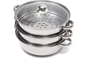 HuKaiL Steamer - Pentola a vapore a 3 strati, in acciaio inox, 28 cm, con coperchio in vetro, adatto per lavastoviglie, per fornelli a gas, elettrici, a induzione e alogeni