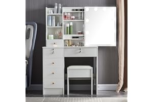 onesaimei Dressing Table with Mirror and Cushioned Stool, White Makeup Vanity with Lights and Drawers, Vanity Desk Set Dresser for Bedroom