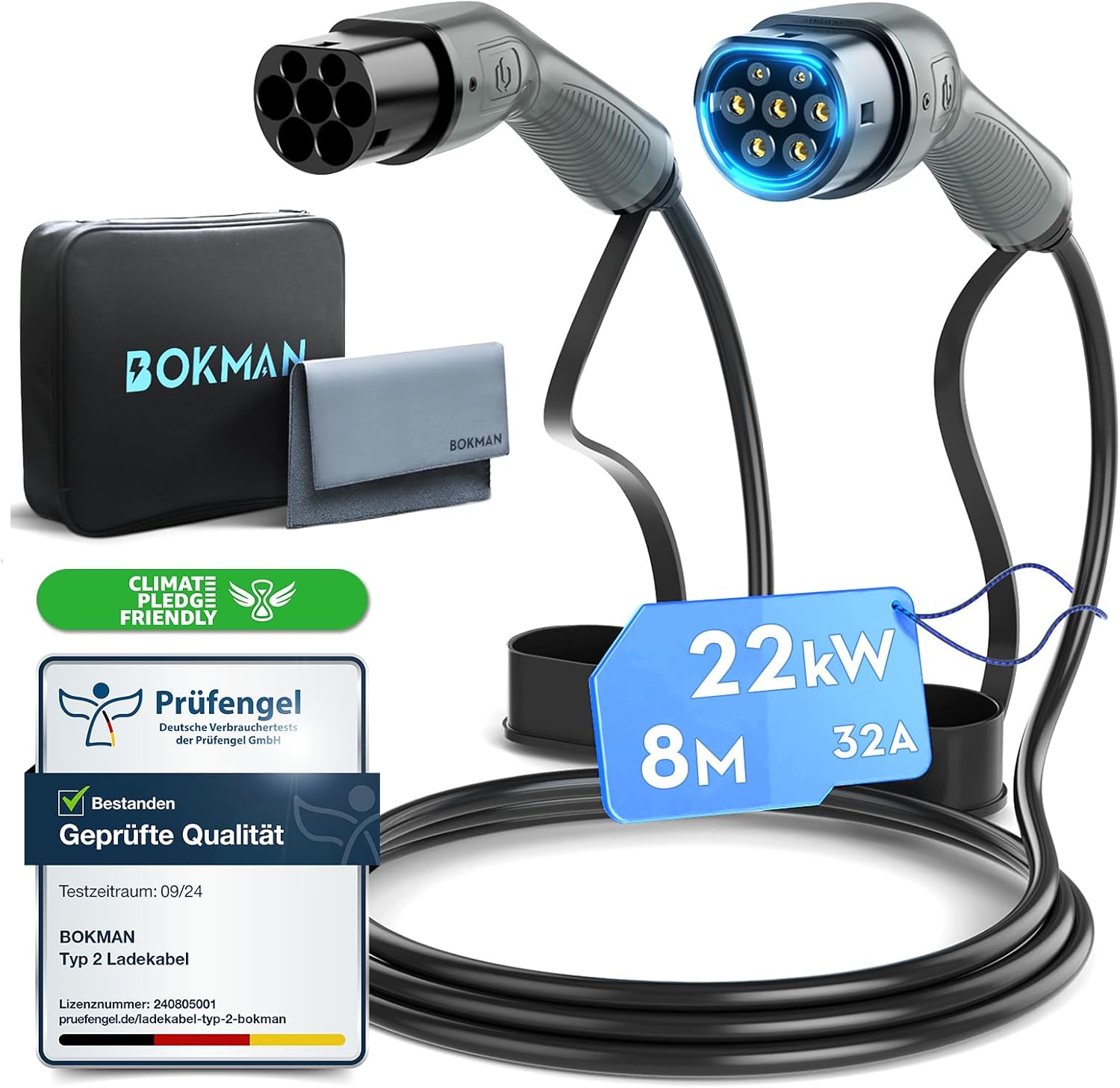 bokman Type 2 EV Charging Cable, Mode 3 / 32A / 22KW / 3 Phase / 8 Meter, Electric Vehicle Car Plug-in Hybrid Type 2 to Type 2 Fast Charging Cable