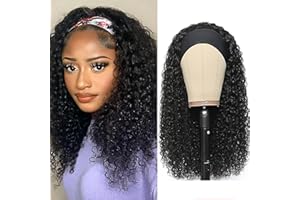 KERBEREY Perruque Bandeau Cheveux Humain 16 Pouces No Lace Front Headband Wig Deep Wave Perruque Bresilienne Bouclée Perruque Curly Wear and Go Glueless Wigs Perruques pour Femmes Noires Naturelle Color