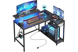 Bestier Escritorio en Forma de L con Tomas de Corriente y Luces LED, Escritorio Esquinero con Estantes, Reversible para Ordenador para el Hogar, Oficina, Dormitorio, Espacio Pequeño, 106,5 cm