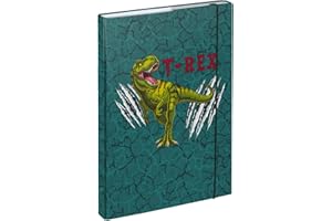 Baagl File Box for School Bag A4 – Collector's Folder for Children with Elastic Strap and Inner Flaps – Book Folder, Collector's Box with Elastic Strap for Boys (T-REX)