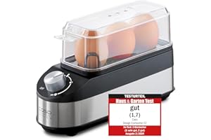 ‎CASO CASO E3 Eierkocher, stufenloser Drehregler für den gewünschten Härtegrad von weich bis hart, Zeit-, energie- und wassersparend im Vergleich zu Eiern aus dem Kochtopf, hochwertige Edelstahlblende