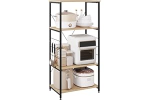 ‎WOLTU WOLTU Küchenregal Standregal Mikrowellenhalter, Bäcker Regal, Metallregal aus Holz und Stahl, mit 4 Ablagen, ca. 60 x 124 x 40 cm, Hell Eiche + Schwarz