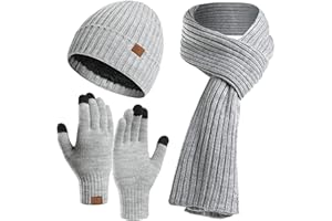 KUNYEAH 3PCS Winter Unisex Hat Scarf Gloves Set Warm Knit Beanie Hat Touchscreen Gloves Long Scarf Outfit for Men and Women