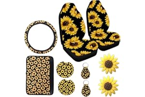 BAOK Sunflower Car Seat Covers Complete Set | Sunflower Steering Wheel Cover | Car Cup Holder Coaster and Sunflower Keyring for Car, Total