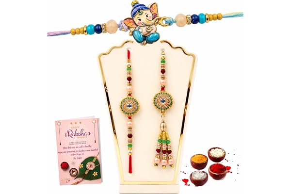 Rakhi for Family,Brother and Bhabhi and Kids- Lumba and Designer n Cartoon Character Ganesh Ji Rakhi Set of 3 for Bhaiya, Sis