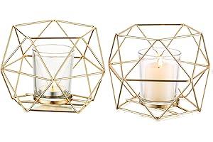 Hewory Metal Geometric Tealight Holders, 2 Pcs Tea Light Candle Holders Gold Ornaments for Living Room, Dining Table Centrepiece, Modern Gold Candle Holder for Wedding Table Decoration