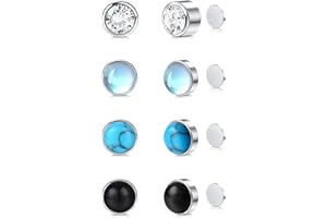 LOLIAS 4 Paires Boucles d'Oreilles Magnétiques pour Femmes Hommes Zircon Pierre Lune Clou D'oreilles Turquoise Noir Rondes Aimant Pierres Précieuses Boucles d'Oreilles Clip Non Piercing