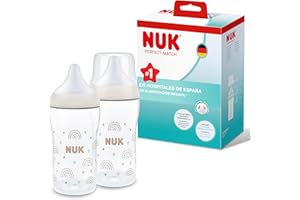 Set de 2 biberones Perfect Match de NUK | +3 meses | Se adapta al bebé como el pecho de mama | Control de temperatura | Ventilación anticólico | 260 ml | Sin BPA | Tetina mediana | Arcoíris