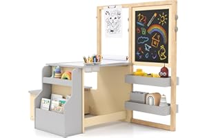GOPLUS Bureau Enfant Fille Garcon avec Banc, 3 en 1 Tableau Chevalet Enfant Double Face Ajustable, Table de Dessin en Bois avec Rouleau de Papier, Tableau Blanc/Noir, Charge 50KG, Gris