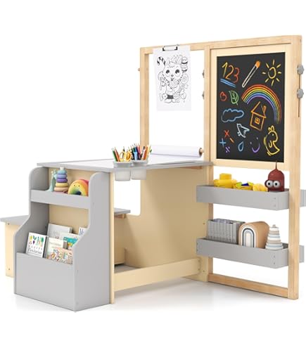 Clevich Table Pour Enfant Avec 2 Chaises, Table Avec Espace De Rangement, Ensemble De Chaises En Bois, Bureau De Peinture Avec Rouleau En Papier Et 4 Boîtes De Rangement, Jaune