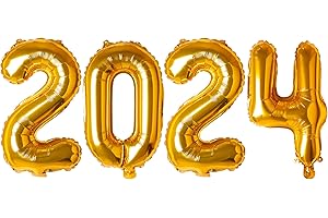 FUNFEST Decorazione per festa di Capodanno 2024 - Numero 2024 in palloncini da 40 cm colore oro - Volo con elio - Decorazione per festa nuovo anno 2024 con palloncini di alta qualità