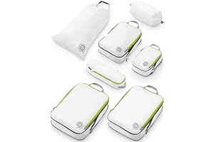 TRIPPED Travel Gear Duże kostki do pakowania w podróż, bardzo duże, kompresyjne organizery do bagażu, 7-częściowy zestaw, ultralekkie, rozszerzalne/kompresyjne torby na ubrania (białe/zielone)