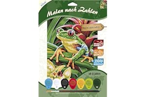 MAMMUT SPIEL & GESCHENK MAMMUT 105103 - malowanie według liczb, motyw zwierzęcy, żaba drzewa, kompletny zestaw z zadrukowanym szablonem do malowania w formacie A4, 7 farb akrylowych i pędzli, zestaw do malowania dla dzieci