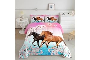 LOUSSIESD Set di biancheria da letto per bambini Chic Cherry Blossom Biancheria da letto Trapunta galoppo cavallo stampato trapunta 3D animale selvaggio set Trapunta camera da letto