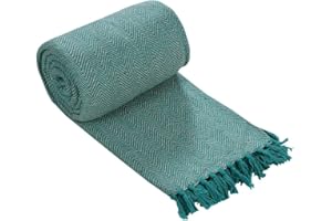 DN COLLECTION Cotton Throw For 3 Seater Sofa 225 x 250 cm Reversible Teal Bed Throw King Size (90" x 100" (225 x 250 cm), Herringbone Teal)
