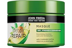John Frieda Detox & Repair Masque 250 ml, Intensive Deep Conditioner for Dry, Stressed and Damaged Hair, Nourishing Hair Mask with Cannabis Sativa Seed Oil and Avocado