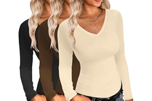 Ekouaer Damen 3 Pack Langarmshirt V-Ausschnitt Unterhemd Sexy Layer Tee Dünn Thermo Oberteil Slim Fit Basic Tops S-XXL