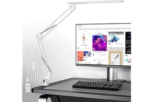 VERSKI Schreibtischlampe für das Heimbüro, Schreibtischlampe Klemmbar , Architektenleuchte mit QC3.0 Adapter, Fresnel Linse, Tischlampe, 5 Farbmodi und Helligkeit, Klemmlampe mit Speicherfunktion, Weiß