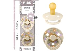 BIBS Colour Liberty Tétine. Lot de 2 sucettes. téterelle ronde en latex naturel, sans bisphénol A, Fabriqué au Danemark, Taille 1 (0-6 mois), Strawberries and Cream Ivory Mix