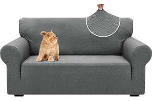 ‎YSTELLAA YSTELLAA Stretch Sofa Überzug 2 Sitzer, Sofaschoner rutschfest Mit Armlehne, Dicke Sofabezug Für Hunde Katzen Und Haustiere, Universal Jacquard Sofabezug, Waschbare Sofa Cover, Hellgrau