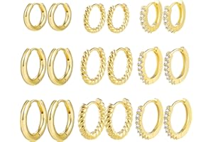 Zestaw kolczyków ALEXCRAFT, 9 par kolczyków kółek pozłacanych 14-karatowym złotem, małe, dla kobiet, hipoalergiczny chrząstki Huggie z AAA + cyrkonią Twist Piercing Kobiety Dziewczęta 12/14/16 mm