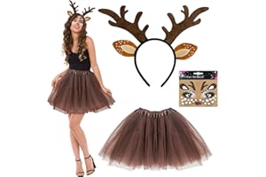 SAIIURV 3 Pieces Reindeer Headband Costume For Women, Halloween Deer Antlers Horns Deer Ears Headband Deer Face Tattoo Stickers Adults Princess Tutu Skirt, Women's Animal Costume Fancy Dress Up