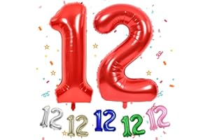 TNYKER Zahlen Luftballon 12 Rot, XXL Riesen 12. Geburtstag Deko für Mädchen, 40" Folienballon 12 für 12 Jahre Geburtstag, Helium Zahlenballon 12 Geburtstagsdeko, Rot Ballon 12 für Hochzeitstag Deko