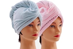 CAIHONG Haarturban Mikrofaser Handtuch - Super Saugfähiger Turban mit Knopf, Schnelltrocknend für Lange Haar (Blau, Rosa, 2 Stück)