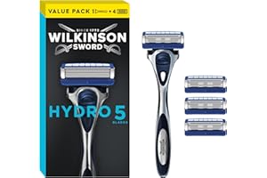Wilkinson Sword - Maquinilla de Afeitar Hombre Hydro 5 con 4 Recambios de Cuchillas Recubiertas de Carbono, Gel hidratante y Recortadora de Precisión