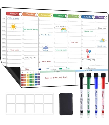 Weekly Schedule Whiteboard Magnetic Dry Erase Weekly Planner With Hourly Time Slots - 16.5x11 Inch Fridge Calendar For Family Schedule & Chores Chore Chart For Kids Multiple Kids