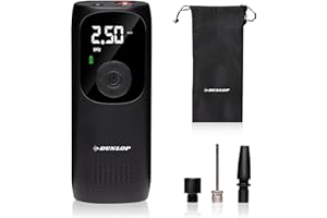 Dunlop Przenośna sprężarka powietrza 150 PSI - Bezprzewodowa pompka do opon z portem USB-C - Pompa rowerowa do wszystkich wentyli - Pompka do piłek - Sprężarka 10 bar z manometrem - Czarny
