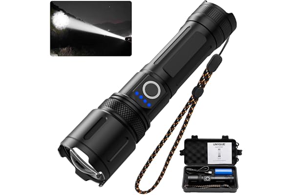 UN1QUE Rechargeable Torch Light High Power, 20000 Lumens Flashlight with 4 Light Modes, Adjustable Focus Torch Lights Rechargeable, IP45 Water-Resistant, Black