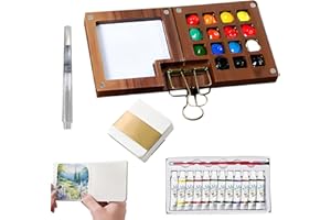 Maikaibuzi Tobios Watercolor Kit, New Tobio Mini Watercolor Set with Picture Book, Travel Water Color Set with 24 Color Paints, Wooden Grid Paint Box for Painters Artists Students (Walnu -15 Grids)