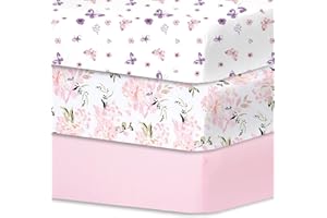 Little Grape Land Lot de 3 draps-housses pour matelas de 60 x 120 cm, en microfibre super douce et respirante, motif papillon/fleur/rose