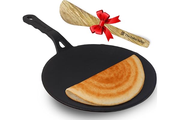 The Indus Valley Pre-Seasoned Cast Iron Concave Dosa Tawa + Free Wooden flip 25.4cm/10 inch, 1.9kg Gas Stove Compatible Naturally Nonstick, 100% Pure & Toxin-Free, No Chemical Coating