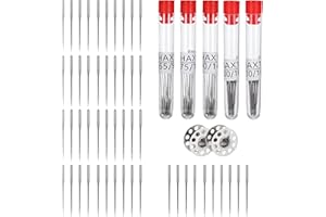 WATDENYFINE 50 Pcs Sewing Machine Needles Set, 5 Sizes Sewing Accessories Overlocker Needles for Brother Singer Janome Machine Needle Set with 3 Bobbins and 5 Label Bottles 65/9, 75/11, 90/14, 100/16, 110/18