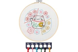 MWOOT Enfant Kit de Démarrage de Broderie, DIY Point de Croix Broderie Starter kit avec Cerceaux de Broderie,Embroidery Starter Kit pour Débutant (Chat Chanceux)