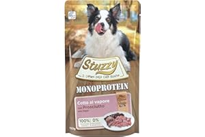 Stuzzy, Monoprotein Grain & Gluten Free, Cibo Umido per Cani Adulti al Gusto Prosciutto Preparato in Patè - Totale 1,8Kg (12 Buste da 150G)