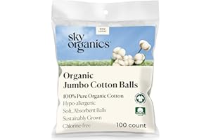 Sky Organics Boules de coton bio (100 ct.), Parfum et coton chlore Balles, 100% coton Jumbo Biodégradable Absorbant Balles, Cruauté & boules de coton naturel pour ongles et démaquillage