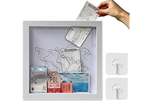 JOKRESTY Adventure Archive Box Frame,White Travel Memory Box,Ticket Box Frame with Slot,Wooden Travel Ticket Collection Shadow Box Frame,Creative Memory Box Display Case for Movie Sporting Ticket(30*30cm)