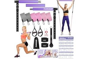 PALECLOUDS Pilates Stange, Pilates Bar Set mit 3 Paar Widerstandsbänder(20/25/30Lbs), Metall-Einstellung Schnalle & Ausbildung Poster, Pilates Skulptur Fitness Stange for Home Gym Workout Equipment(Frauen)