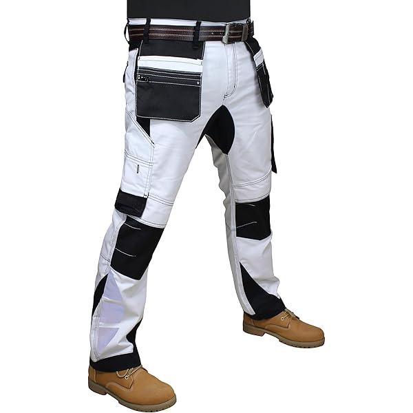 HASHOOB TRADING FZE Mannen Witte Werkkleding Cargo Broek Zware Witte Dikke Stof Multi Pocket Bescherm Schilders Decorateurs Werk Broek Duurzaam Triple Gestikte Naden Cargo Broek, Wit-1, 36W / 34L